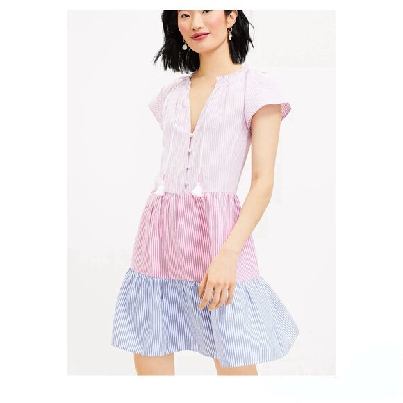 LOFT Womens Dress Striped Tie Neck Tiered Swing Linen Blend Preppy Sz L NWT - Picture 1 of 16